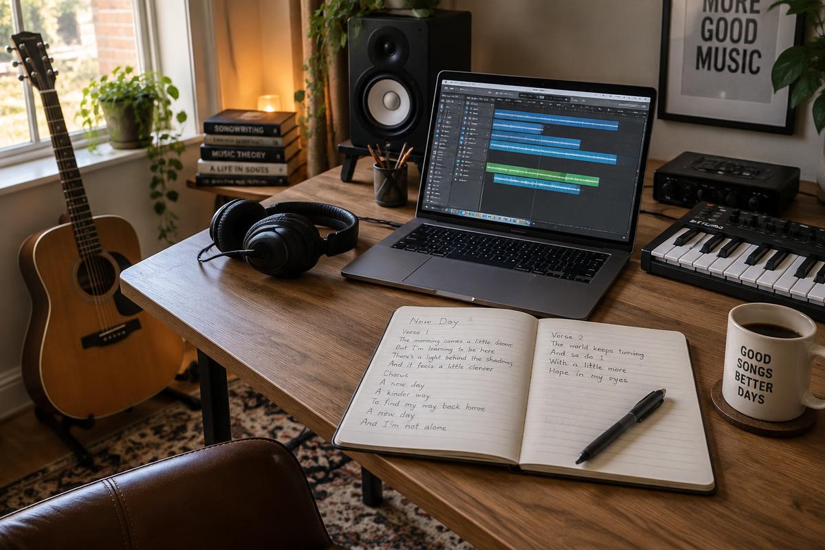 Birou modern de compoziție cu laptop, chitară, căști și caiet cu versuri scrise de mână